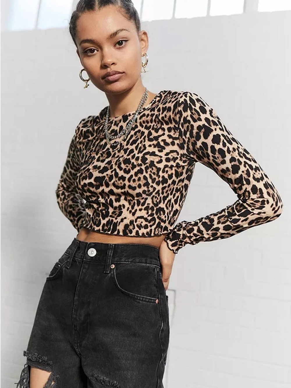 Zara Leopard Print Long-Sleeve Crop Top - Beige & Black